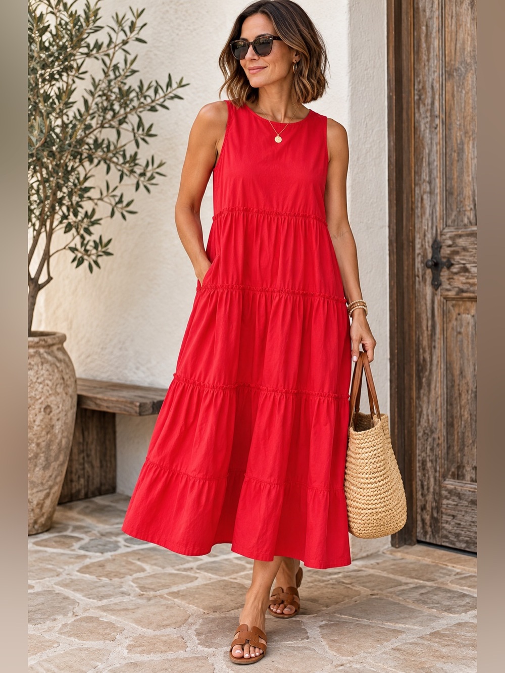 Madewell Cattail Red Tiered Cotton Midi Dress Size Large